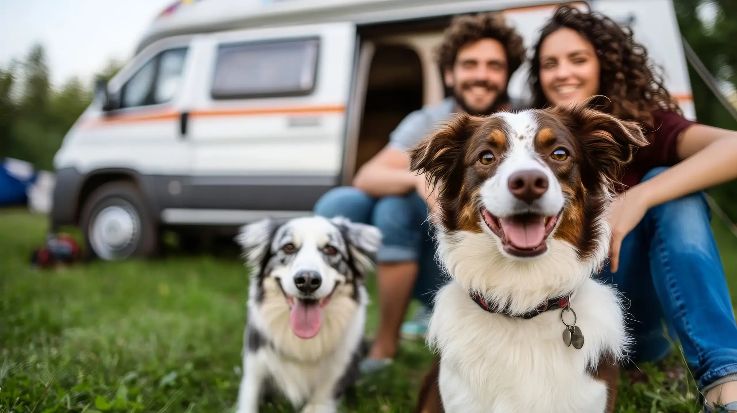 Joyful young couple sitting outside camper van with two happy dogs on green grass. Relaxed vacation atmosphere, nature and pets enjoying time together.