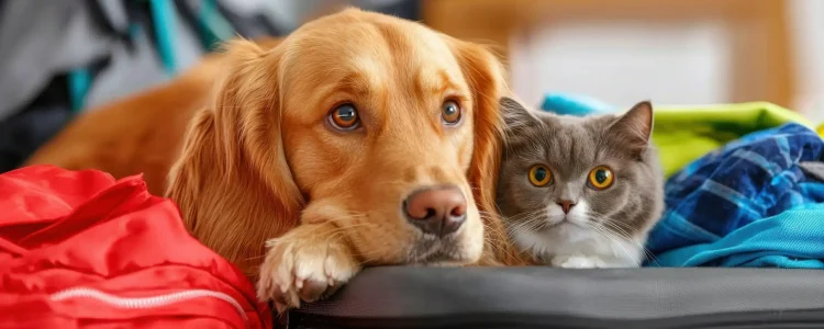 An adorable golden retriever puppy resting comfortably on a soft, beige travel cloth in a cozy, indoor setting.